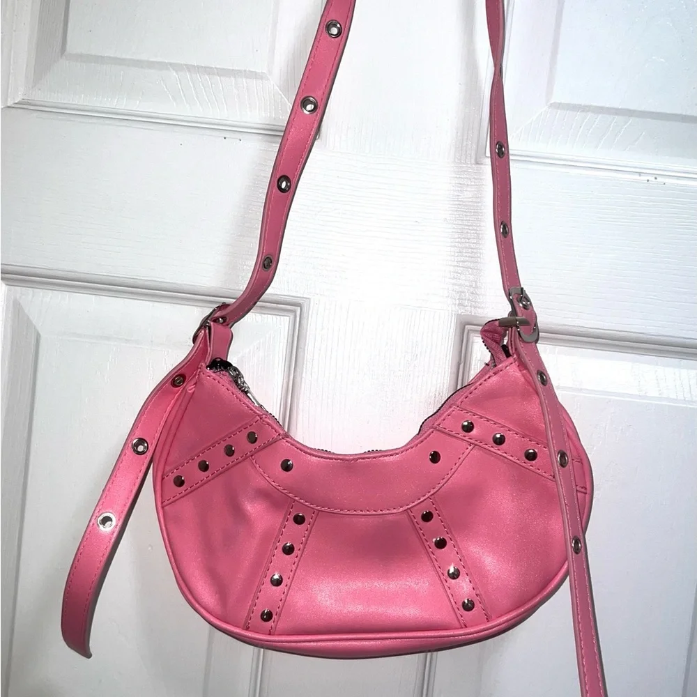 Pink Studded Shoulder Bag Small Crescent Moon Bag Trendy Y2K Style - Picture 1 of 4